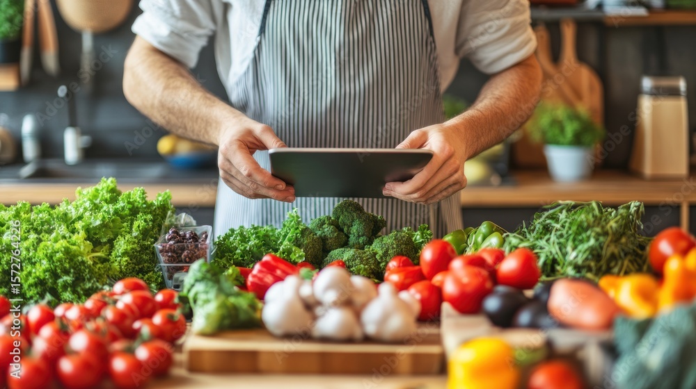 Man in apron using tablet in a kitchen, surrounded by fresh produce Man in apron using tablet in a kitchen, surrounded by fresh produce
