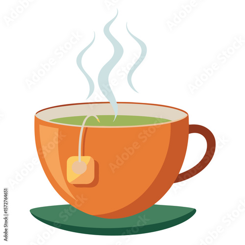 A traditional teacup with a steaming tea bag, on a plain white surface, for hot drinks, relaxation, or morning rituals.