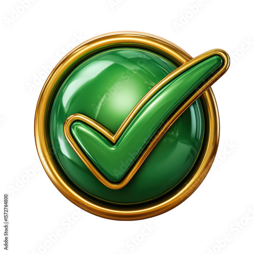 Shiny green check mark inside golden circle isolated on transparent background