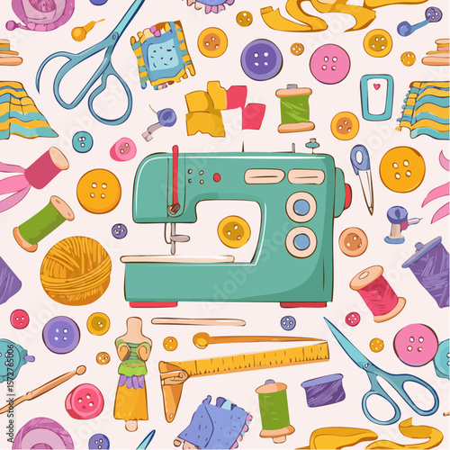 Seamless Vector Banner Featuring Hand-Drawn Sewing Tools, Including Retro Sewing Machine, Embroidery Hoop, Threads, Fabric, Yarn, and Needles in a Creative Studio Setting.