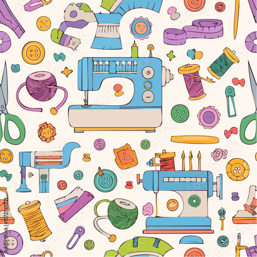 Seamless Vector Banner Featuring Hand-Drawn Sewing Tools, Retro Sewing Machine, Embroidery Hoop, Yarn, Fabric, Needles, and Iron in Artistic Doodle Style.
