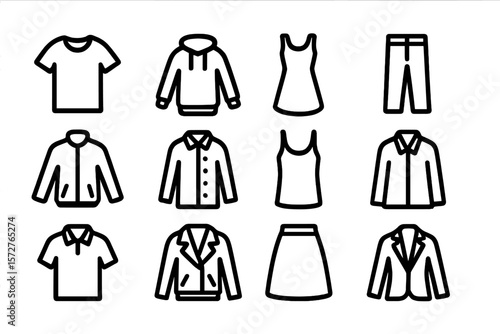 Clothing icons: casual and formal outfits in dark linear style