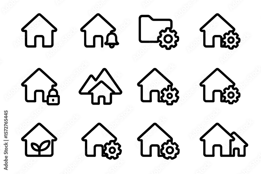 Home and settings icon collection featuring simple line art design Home and settings icon collection featuring simple line art design