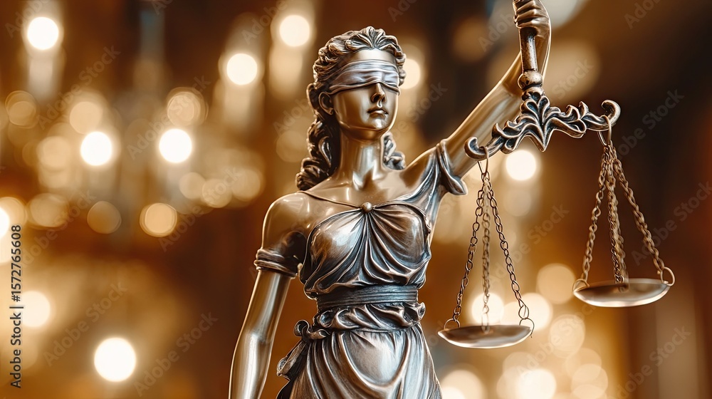 Fototapeta premium Bronze statue of Lady Justice, holding scales of justice, blindfolded