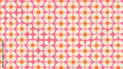 Repeating pattern of stylized daisies and floral shapes on a pink background creating a retro design
