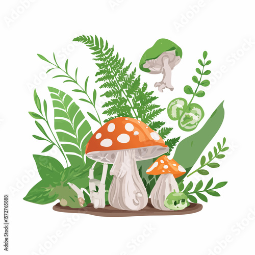 Set of cute hand drawn goblincore illustrations. Green witch aesthetic. Mushrooms, fern, herbs, toad, stump, skull elements for fairy witchcraft design. Cartoon herbology vector ...