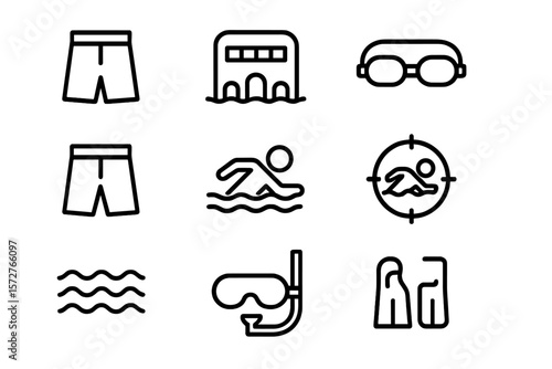 Swimming icon set: outline style for fitness and water activities