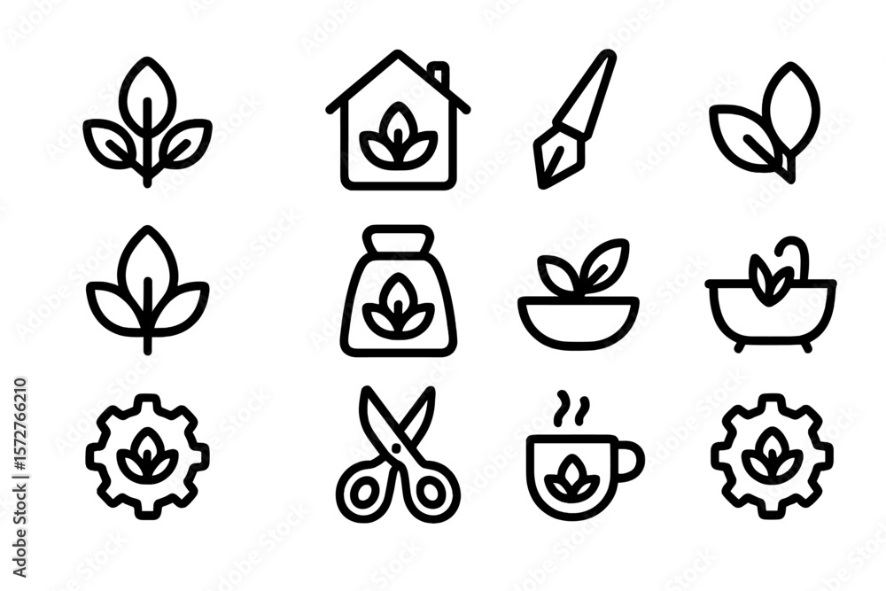 Fototapeta premium Minimalistic eco-friendly icons set: gardening and home essentials in line art