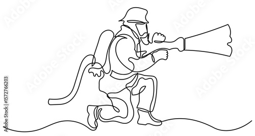 One-line drawing of a firefighter in gear using a hose to spray water, with swirling lines representing the water flow. The image captures action, bravery, and dedication in a minimalist style