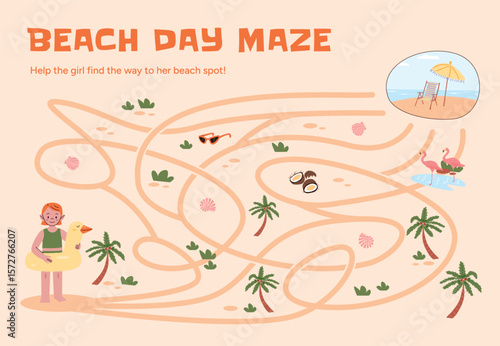 Girl in swim ring on Beach Maze with palms, shells, flamingos, coconuts, sunglasses. Help reach beach spot. Flat vector illustration for children educational summer activity game