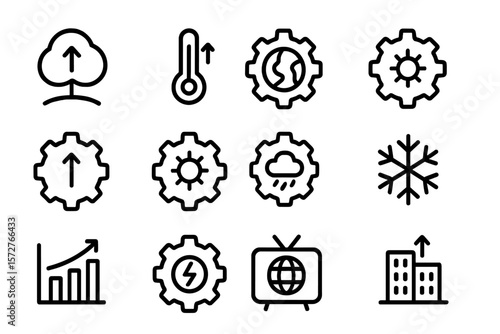 Black linear climate and energy icons on dark background