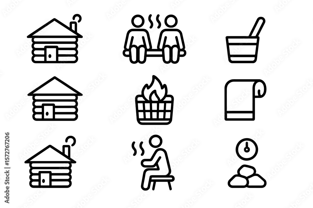 Minimalist sauna element icons set for wellness and relaxation designs Minimalist sauna element icons set for wellness and relaxation designs
