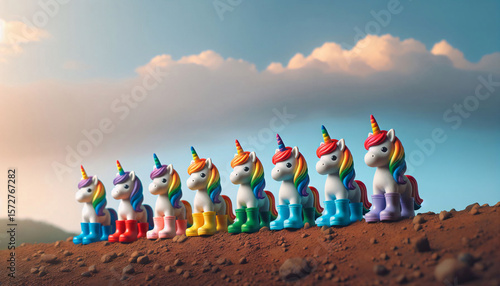 Bunte Einhörner stehen nebeneinander auf einer Anhöhe in Gummistiefeln in Regenbogenfarben, blauer Himmel, copy space