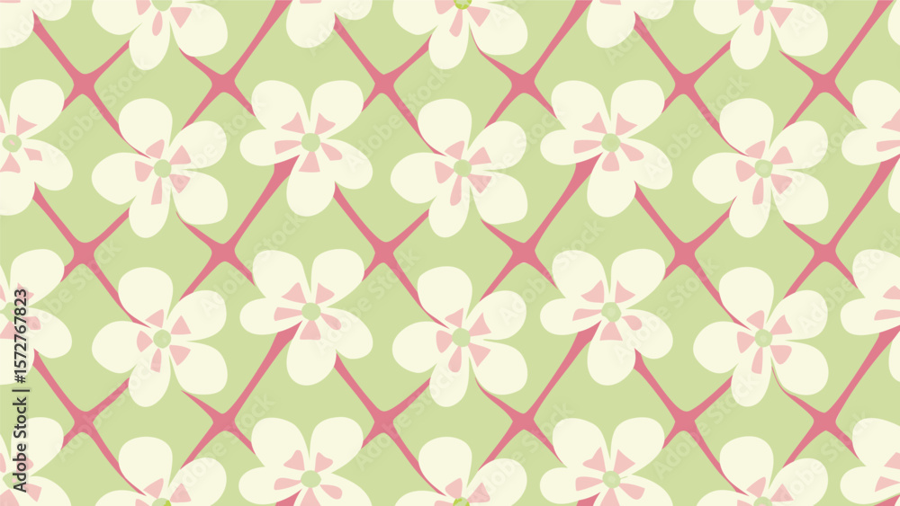 Fototapeta premium Repetitive pattern of white flowers with pink centers and a pink lattice on a light green background