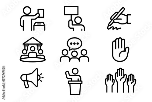 Minimalist icons of communication, leadership, and voting concepts