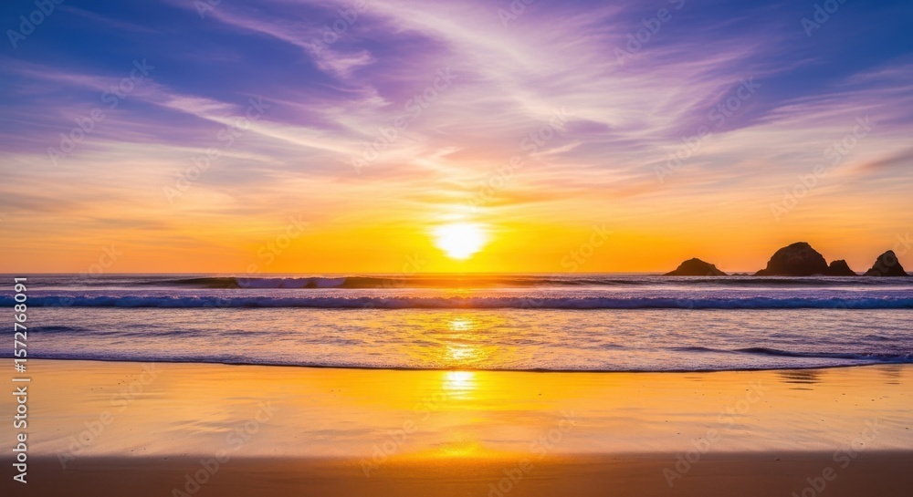Obraz premium A vibrant sunset over a calm ocean beach