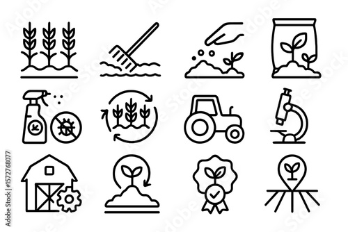 Minimalist icons of agriculture and farming techniques in linear style