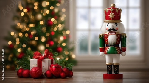 Red nutcracker figurine with Christmas decorations and a decorated tree in a festive indoor setting.