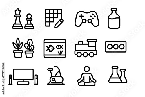 Minimalist icon set: chess, video game, milk, and more in linear style