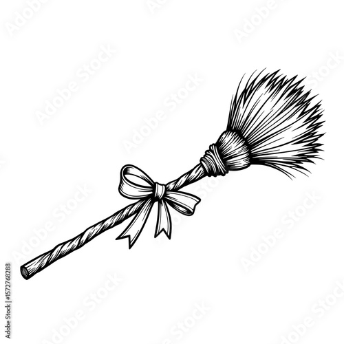 Witch broomstick with twisted bristles and ribbon for kids coloring, hand-drawn style