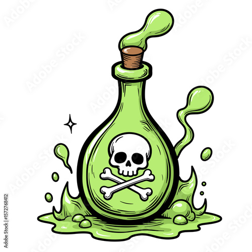 Abstract poison bottle with crossbones and green fog, children's coloring book art