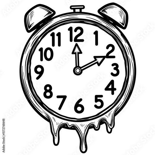 Abstract melting clock illustration, surreal hand-drawn coloring book art for kids
