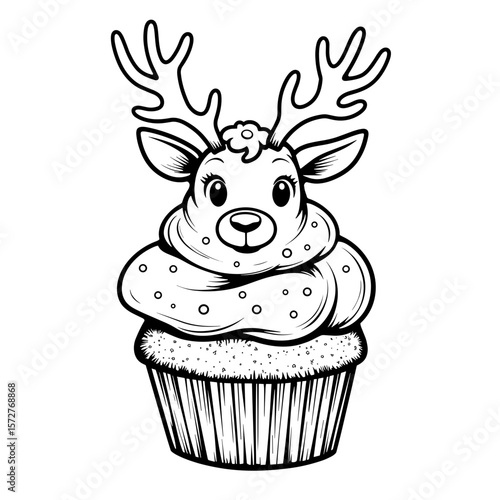 Christmas reindeer cupcake illustration, kids coloring activity, holiday fun