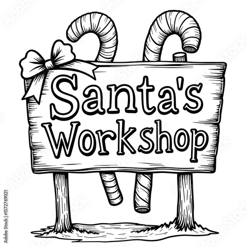 Santa’s Workshop Sign with Candy Canes, Kids Coloring Book Design
