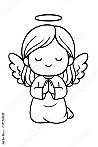 Praying Angel Girl with Halo Kneeling Spiritual Line Art Illustration