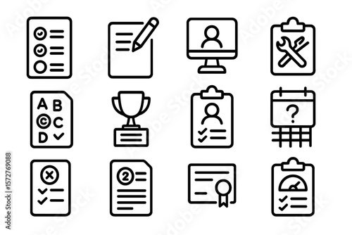 Dark mode linear icons for documents, tools, and achievements