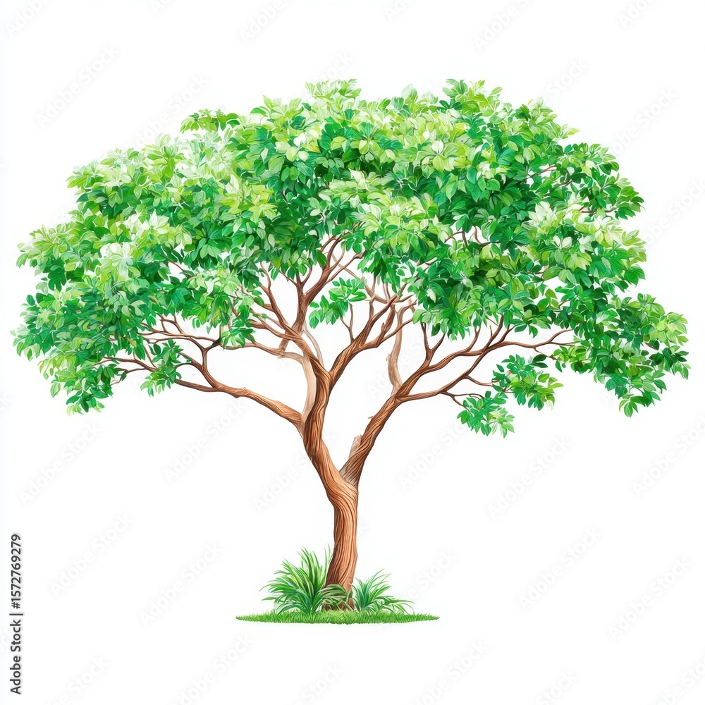 Obraz premium Isolated Tree Illustration with Green Leaves and Brown Trunk on White Background