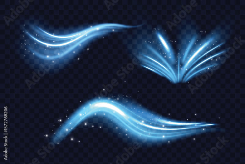 Blue wind waves effect. Abstract light motion trails with sparkles isolated on black background. Fresh cold air blowing from conditioner or cooler, vector realistic set