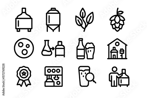 Brewery line icons set featuring beer making process and equipment