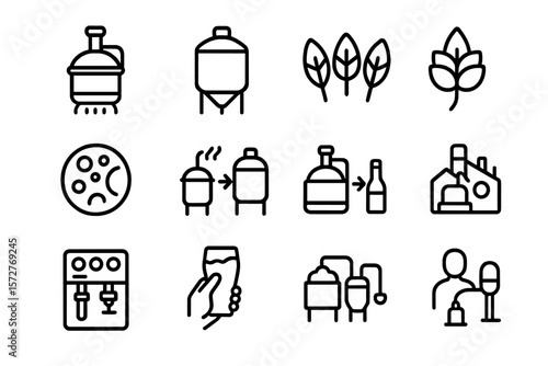 Craft beer brewing icons set featuring brewery equipment and ingredients in linear style