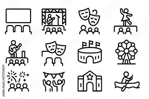 Festival and entertainment icons in linear style for creative event design