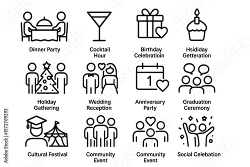 Celebration icons set featuring parties, ceremonies, and events in linear style for festive designs