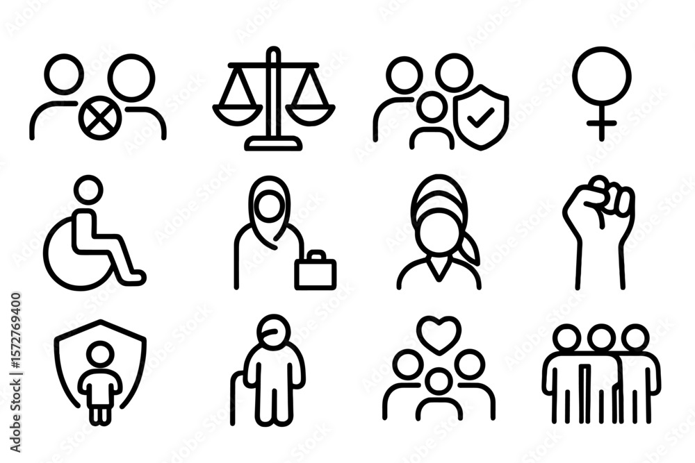 Diverse linear icons representing equality and inclusion concepts Diverse linear icons representing equality and inclusion concepts