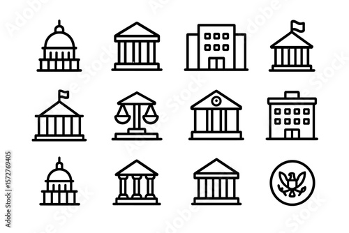 Minimalist icon set of government and legal buildings in linear style on dark background