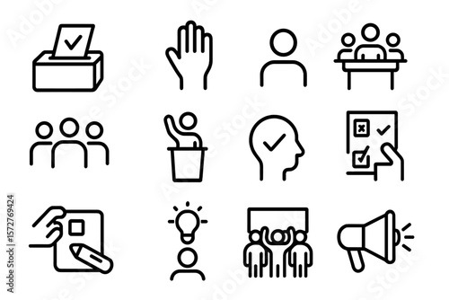Black outlined election and voting icons for civic engagement designs