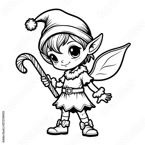 Cute Elf Holding Candy Cane Sword, Kids Coloring Book Design
