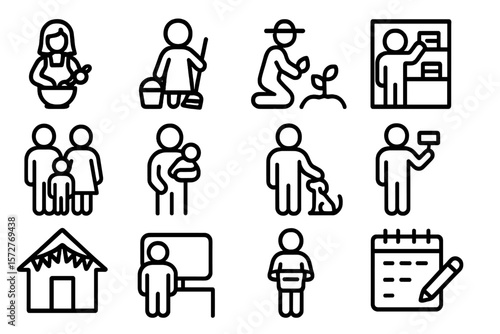 Minimalist line icons representing daily activities and family life