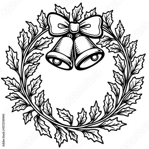 Abstract Holly Wreath with Golden Jingle Bells, Holiday Coloring Book Design