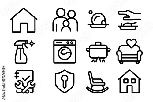 Minimalist home and family icons set for modern living design projects
