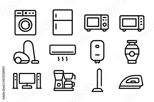 Linear icons of home appliances on dark background