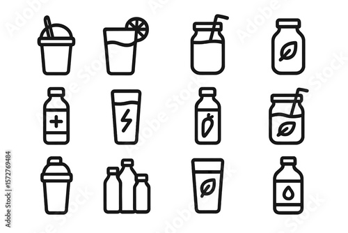 Beverage icons set on dark background: modern line art of smoothies and drinks