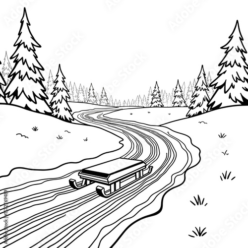 Sleigh tracks curving through deep snow in pine forest, kids coloring book art