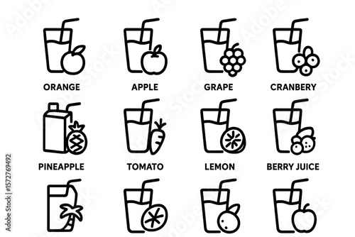 Outline icons of diverse fruit juice choices with modern design