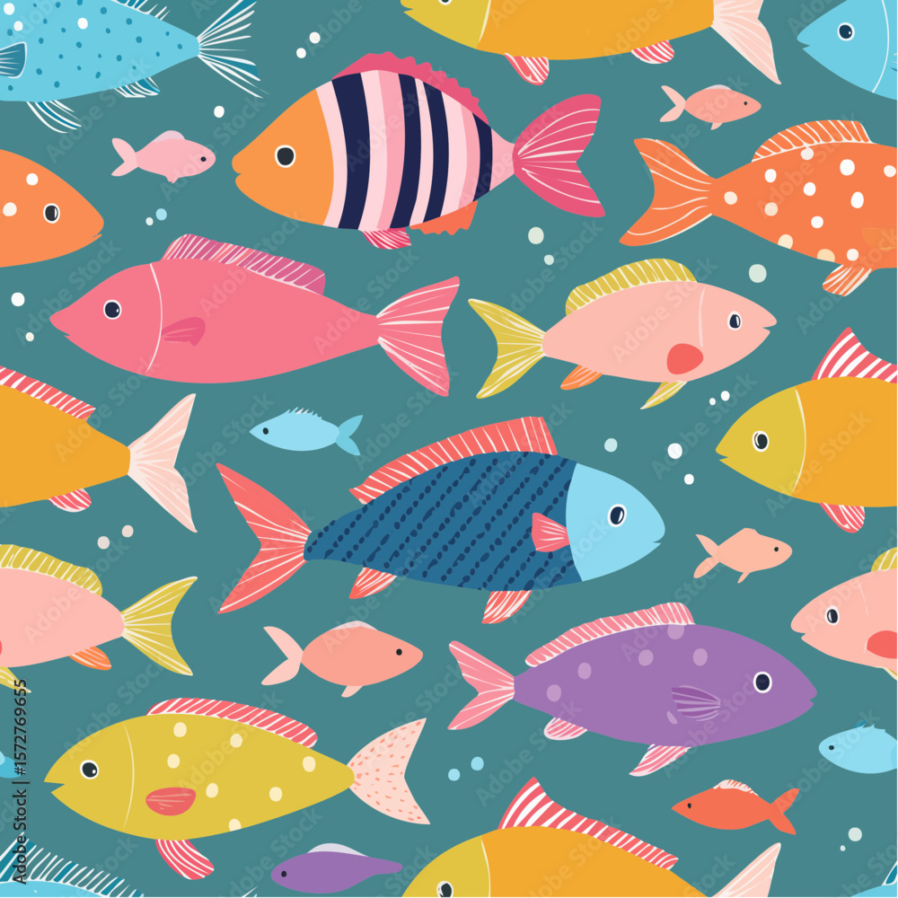 Naklejka premium Seamless vector pattern with school of colorful fish. Underwater animal background. Texture with abstact wildlife illustration. Wallpaper, wrapping paper, textile ...