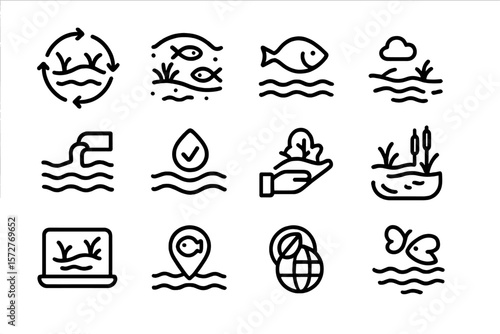 Outline icons set for aquatic conservation and water ecosystems