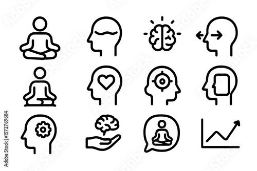 Meditation and mindfulness icons on dark background: awareness, focus, and calm symbols in linear design
